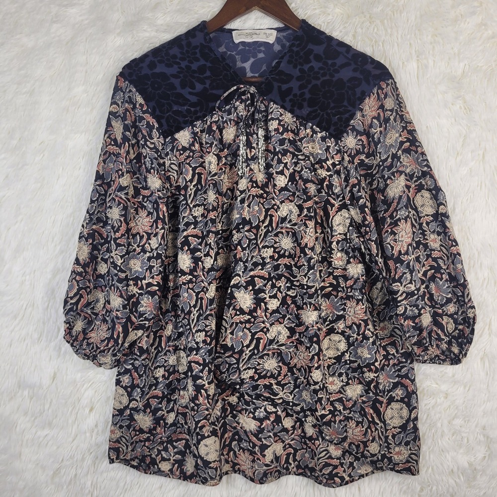 Abercrombie & Fitch Floral Boho Tunic Blouse Velvet Yoke‎ Tassel Tie OS Cottage
